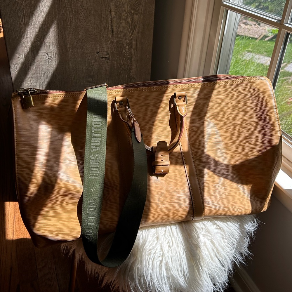 Louis Vuitton Brown Leather Travel Bag with Green Strap